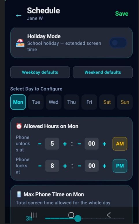Schedule settings screen